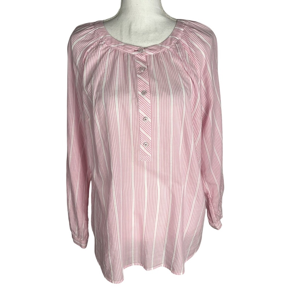 Talbots Long Sleeve Half Button Pink/White Striped 100% Cotton Blouse Size L